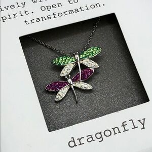 Silver plated dainty chain colorful crystal sparkling dragonfly necklace NEW.